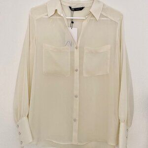 ZARA PATCH POCKET SEMI-SHEER BUTTONED DOWN SHIRT BLOUSE WHITE/IVORY SIZE SMALL